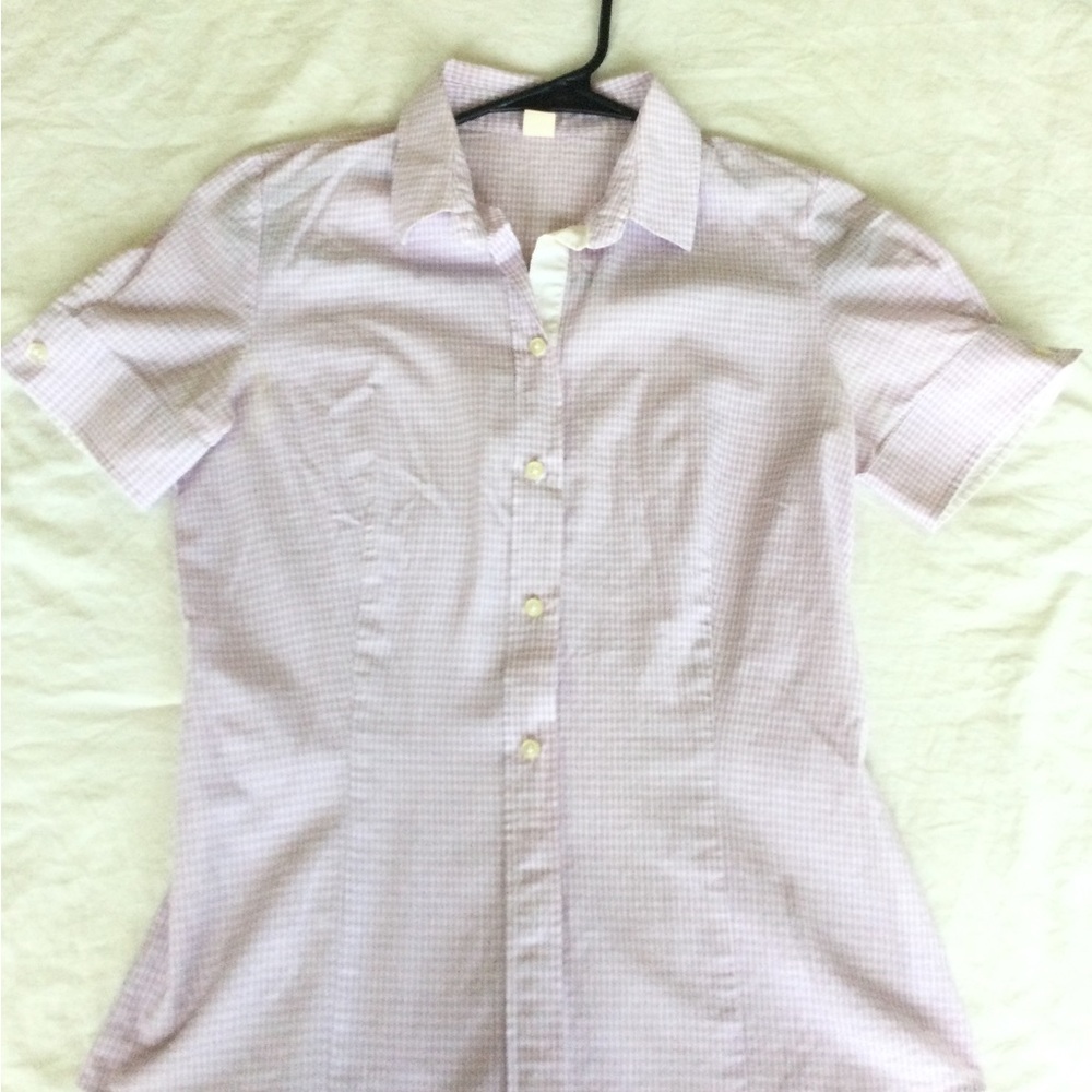 PRICE DROP! Hugo Boss Violet Lavender Gingham Short Sleeve Button-Up Blouse